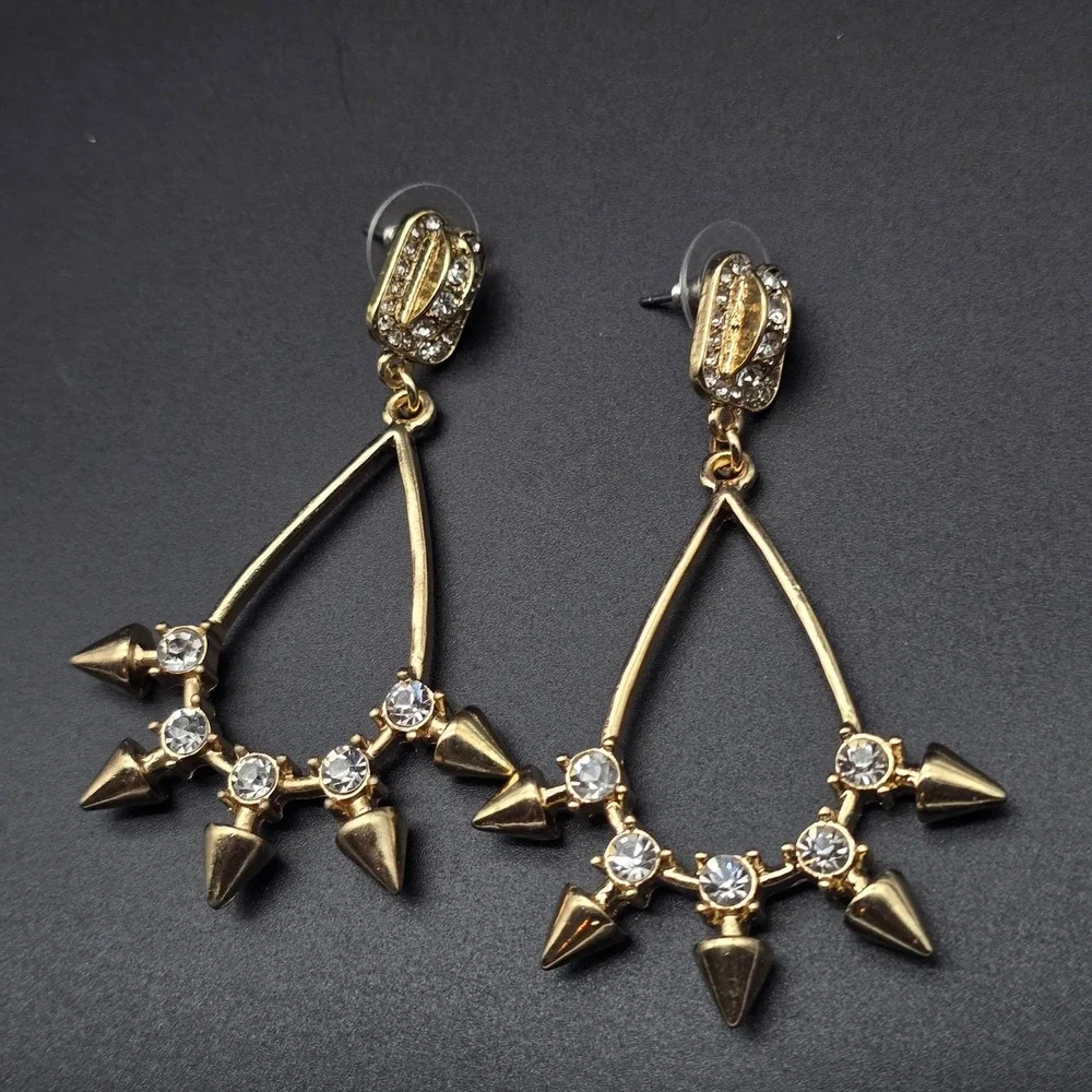 Gold Tone Rhinestone Studded Spike Hoop Earrings Pierced Edgy Punk